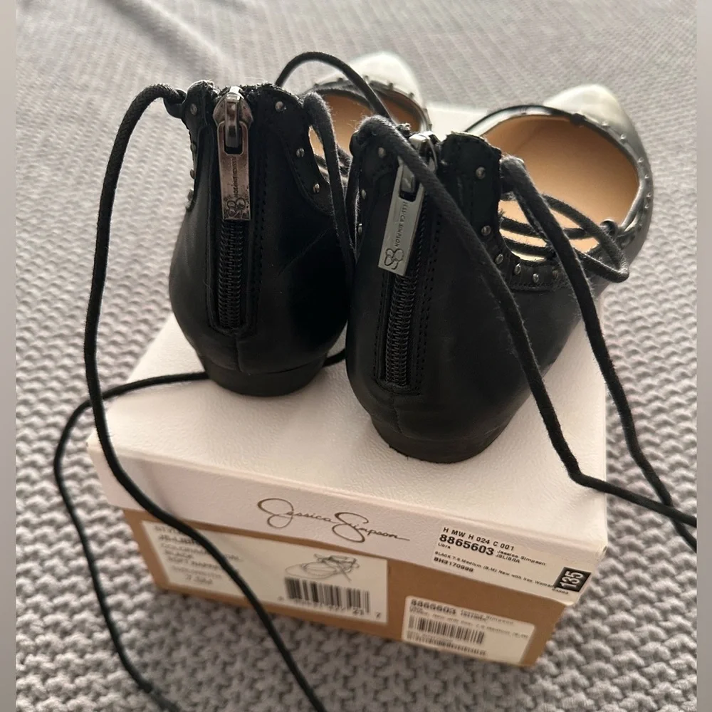 Jessica Simpson Black Pointed-Toe Lace-Up Stud Flats - Picture 6 of 11